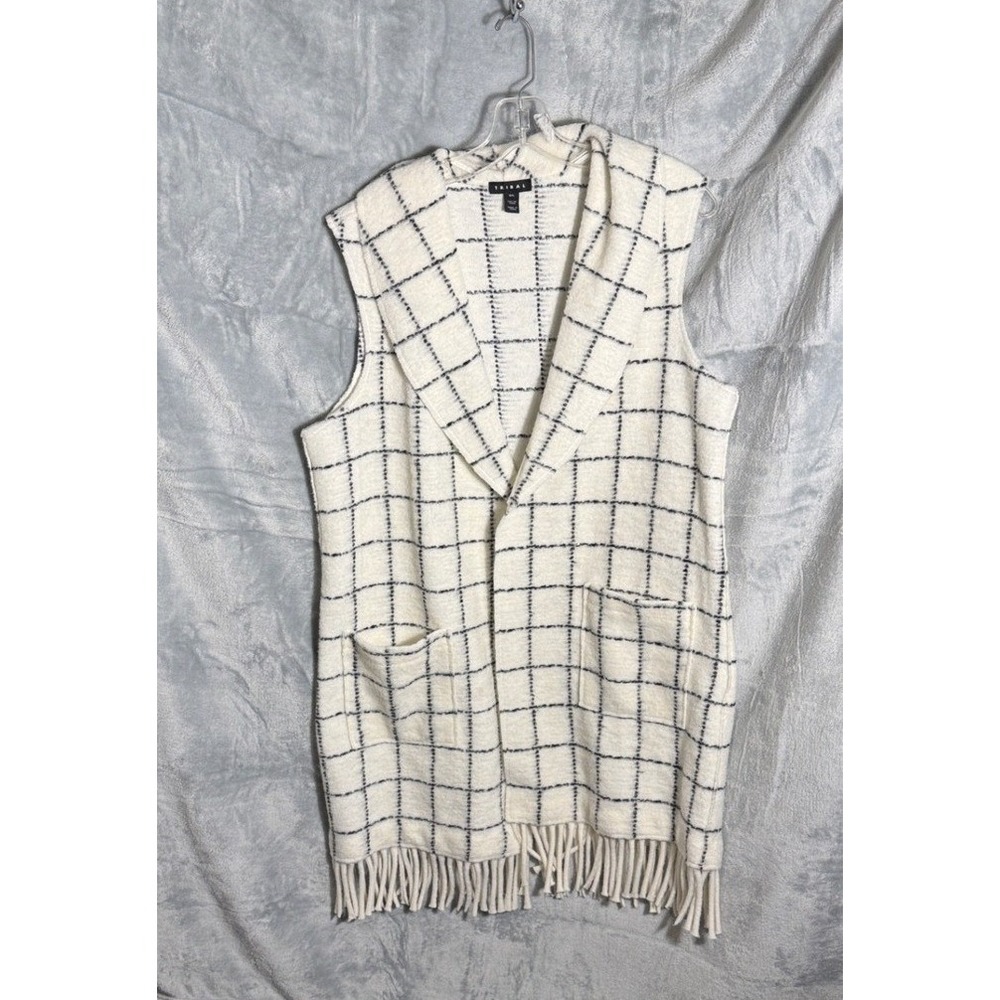 Tribal‎ Plaid Vest Womens G/L Open Front Fringe Longline Cardigan Sleeveless